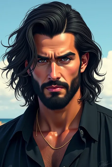 A beautiful man's face with a beard, black looks, long black hair up to the neck and a clear sky background 