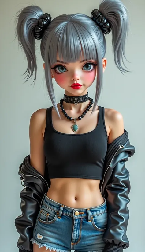 
a tween girl, gray hair with buns, crop top, denim short, red lips, eyeliner