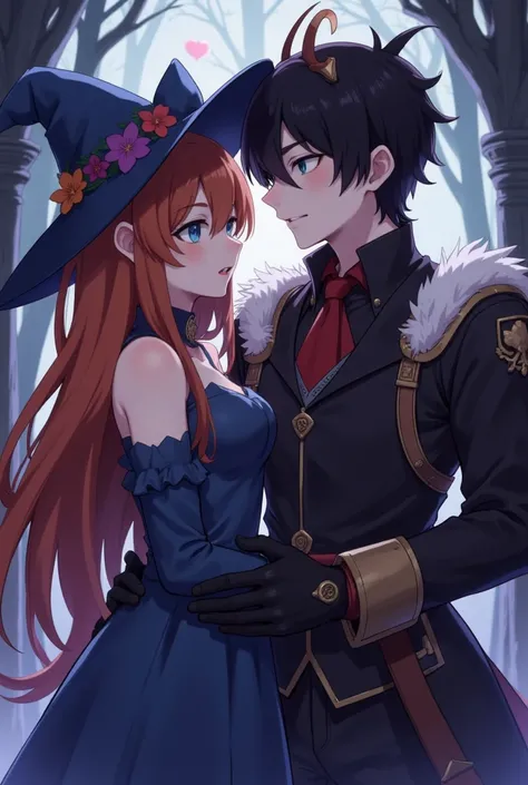  Two characters in a romantic and intense pose . The girl,  dressed like a witch With an elegant blue dress with a hat adorned with flowers and a bow .The girl con cabello largo de color durazno.  Her eyes are light blue and she has an expression  .Both wi...