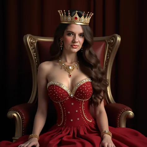 Use this image and create a beautiful woman ((realista 4k)) with long brown hair . What a luxurious queen dress wears, with gold and silver ornaments.  necklace What a dress gold bracelets. What does a gold necklace with rubies wear. To wear a queen's crow...