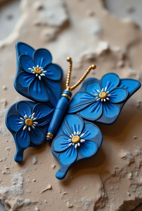 butterfly shaped clasp in borda color made of clay, there are navy blue flowers on the wings of the butterfly, flowers also have small petals