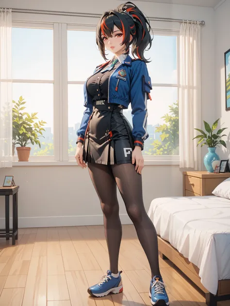 Masterpiece, extremely detailed,4k,solo, 1girl,zhu yuan,ponytail streaked hair, beauty anime face, full body, stand up,perfect slim body , bright body skin, thin lips,perfect slim body, very large breasts,black outfit,sexy skirt, Front look, bed room, sunl...