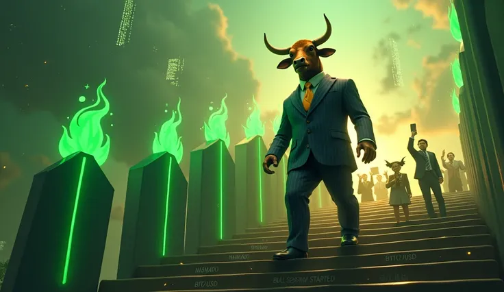 Prompt:
"Create a highly detailed, surreal digital artwork in 16:9 aspect ratio, cinematic lighting. The scene depicts a bull in a sharp tailored suit confidently ascending a grand staircase. Key elements:

Bull Design:

The bull stands upright, wearing a ...