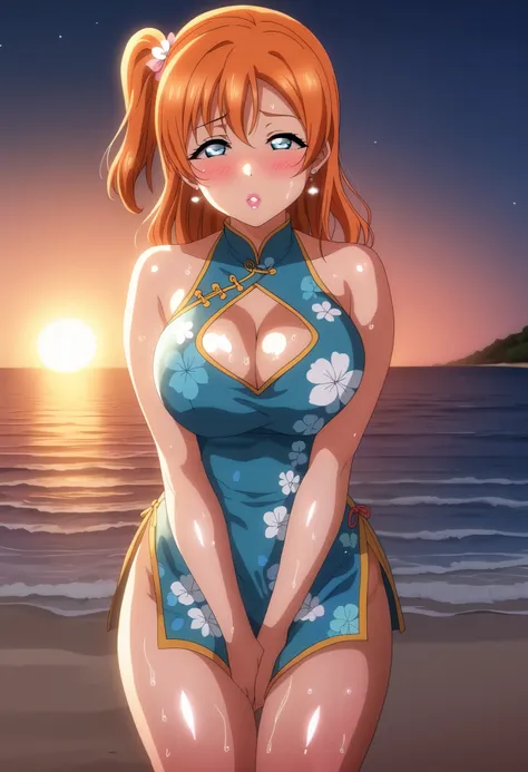 anime style, love live,kousaka honoka , love live, blue eyes, orange hair,earrings, (blushing:1.2), cowboy shot , beach, night, dynamic lighting, detailed shading,moist skin,shiny skin,dynamic angel of view,form-fitting Chinese-style qipao dress, teal pink...