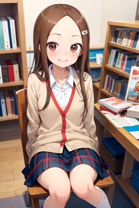 (takagi-san )
  upper body： cardigan
Lower body ： plaid skirt
Subject size：Girl
background ：bookstore
Time ： beach
Expression ： evil smile
posture ：sitting
