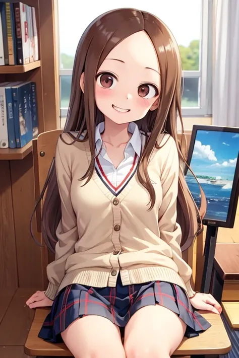 (takagi-san )
  upper body： cardigan
Lower body ： plaid skirt
Subject size：Girl
background ：bookstore
Time ： beach
Expression ： evil smile
posture ：sitting
