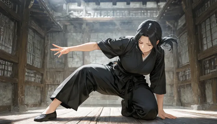 black hair, medium hair, [long hair], closed eyes, straight hair, serious, black hakama pants, black dougi, sidelocks, on one knee, parted bangs, open hand, outsretched arm, (((mature female))), solo, masterpiece, best quality, amazing quality, detailed ba...