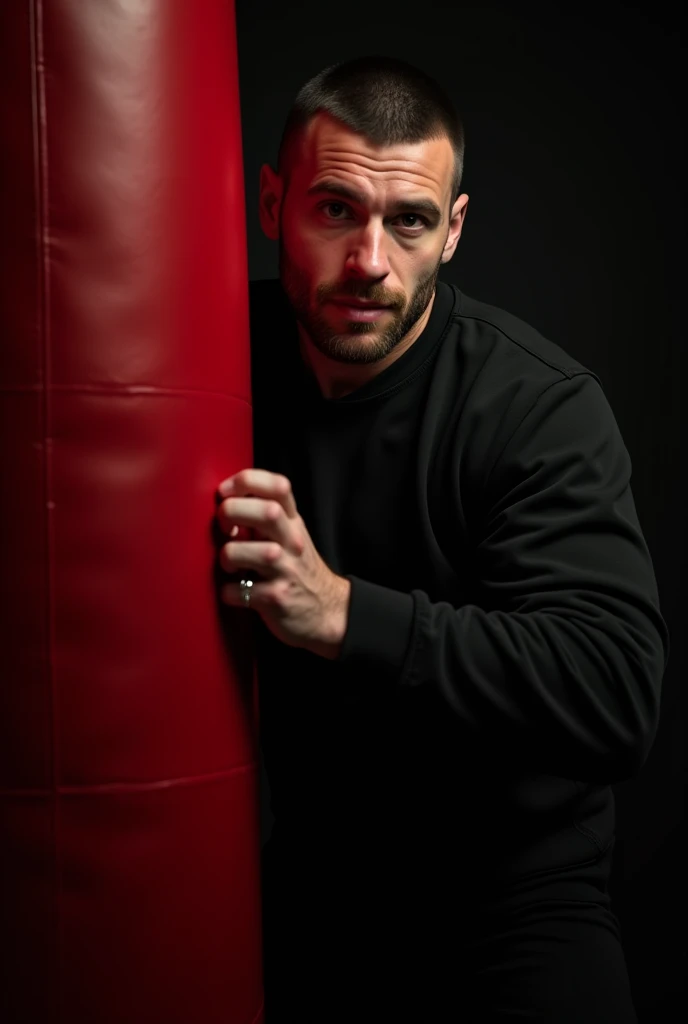 Remote view full body . Lletgett ,  25 years,  with black hair style buzz cut ,  brown eyes,  shiny white skin ,  short profiled beard ,  wearing a wedding ring . Black sweatshirt banging hard on a red punching bag,  on a dark black background 