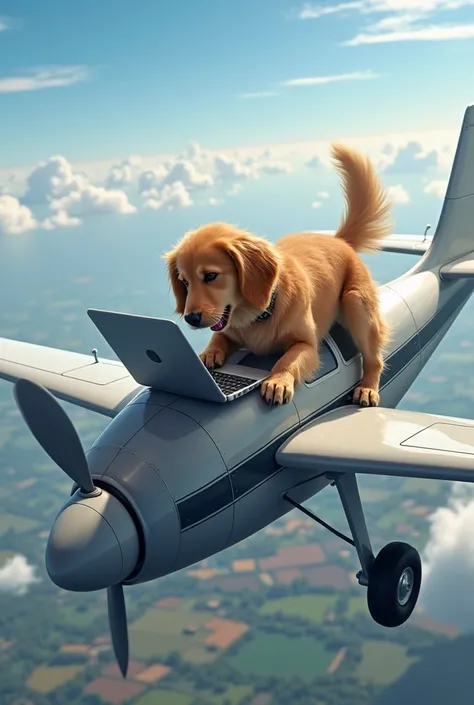 A dog playing with a computer on top of a plane