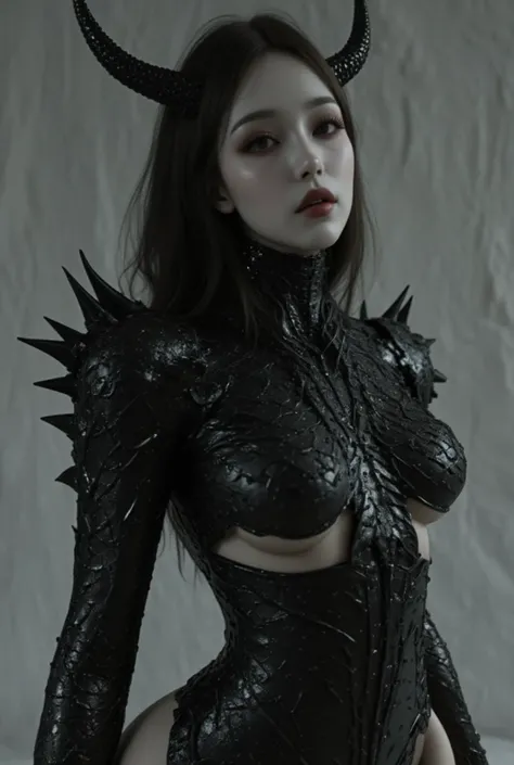 Create an image of the most stunningly gorgeous beautiful kijin, Stunningly gorgeous perfect face,  perfect makeup, detailed perfect silky smooth skin texture, detailed hour glass body figure, very long styled hair,  (black kijin armor spiked), ((underboob...