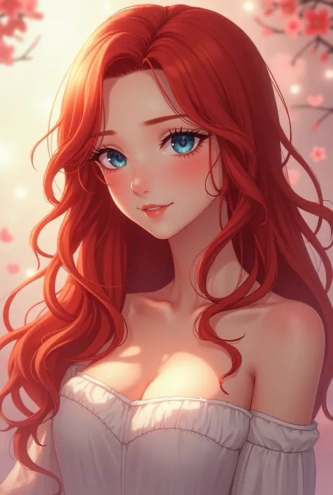  an anime character,adult with red hair , with light blue eyes with freckles on the face, Full-bodied and with small breasts.