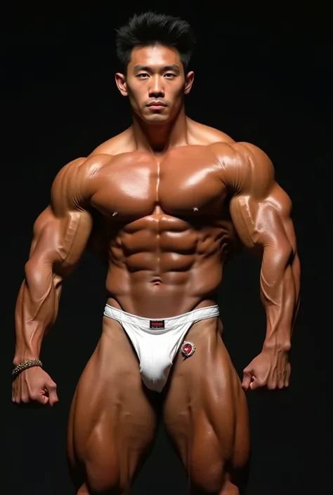 Asian,handsome,Japanese, pro bodybuilder,young guy,wear white bodybuilding posing trunk,big bulge brief,huge muscles,huge biceps,huge shoulders,huge quads,huge arms,six pack abs,veiny muscles,Roided big muscles 
,vascular prominence muscle,penis shape appe...