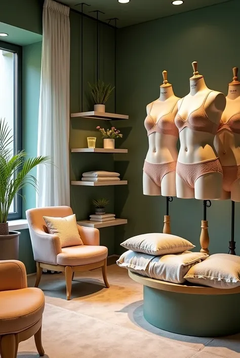 
" Create an image of a store of women's lingerie with a soft and elegant color palette. usa # CDB499  ( Warm Beige )  for furniture and details , # B8C5B9  ( Soft green )  for walls , # 8AA494  (dark green)  for decorative accents and  #78AAA1  ( teal )  ...