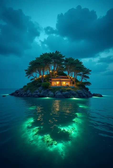 Can you make a picture of a large island in the center of the ocean?  Decorate it with residential lights.  Surrounded by exotic fish.  With waves illuminated in a green blue color.  And a large island full of tall trees.  It is inhabited by human beings