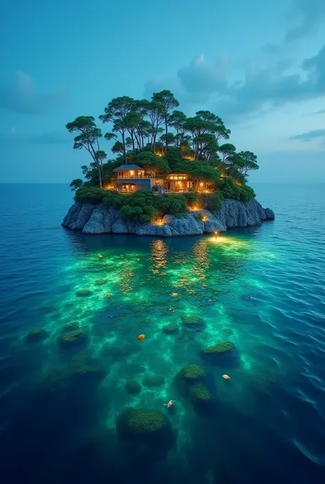 Can you make a picture of a large island in the center of the ocean?  Decorate it with residential lights.  Surrounded by exotic fish.  With waves illuminated in a green blue color.  And a large island full of tall trees.  It is inhabited by human beings