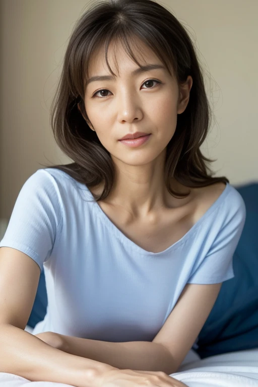 UHD, masterpiece, anatomically correct, textured skin, super detail, best quality, 8k、 one woman、(50 years old)、Kao no Wrinkle :1.3、 shoulder-length wavy hair、 Neat Hairstyle、 Slender Woman 、 Well-Shaped Round Colossal Breasts 、 Wearing a Loose Plain T-shi...