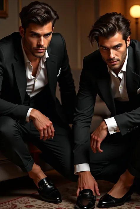 sexy men in suits ,  taking off their shoes 