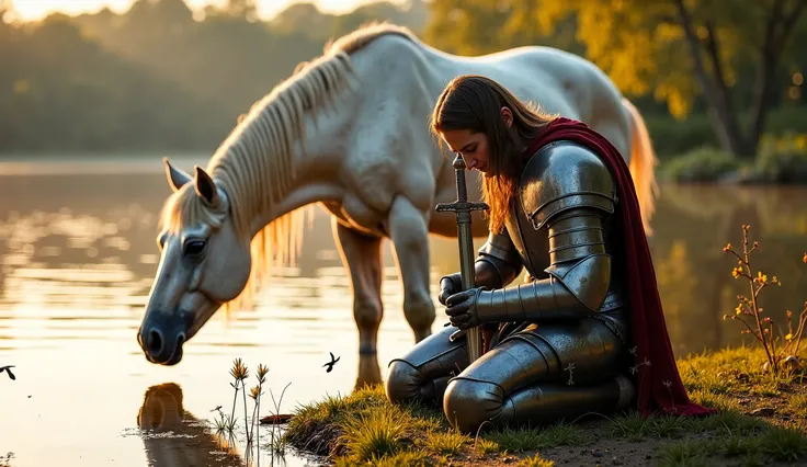  A medieval soldier kneels on the edge of a tranquil lake ,  its head lowered in deep prayer .  He wears steel armor worn by battle , with scratches and marks of war , But without the helmet ,  revealing his long brown hair slightly ruffled by the wind .  ...