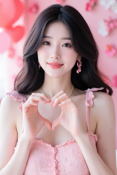 Korean girl, 20 years old, dressed cutely cute black hair Dress up in a Valentine's Day theme and pose with your hands in the shape of a heart.
