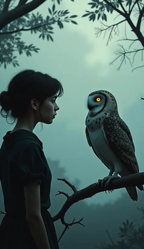 (Clara looking out again ,  seeing the owl standing on the same branch .  But now there's a feeling that there's something different, something wrong .)