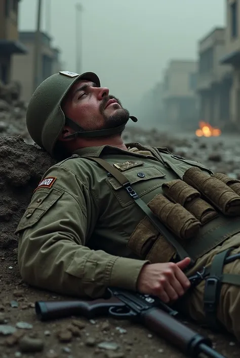 A soldier relaxes to sleep amid a war