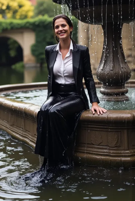 Business lady. Skirt suit, blouse dark tights, shoes,  climbs wet , relaxing in an evening fountain in Italy