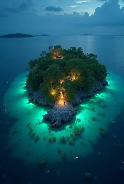 Can you make a picture of a large and far island in the center of the ocean?   Decorate it with residential lights.   Surrounded by exotic fish.   With waves illuminated in a green blue color.   And a large island full of tall trees.   It is inhabited by m...