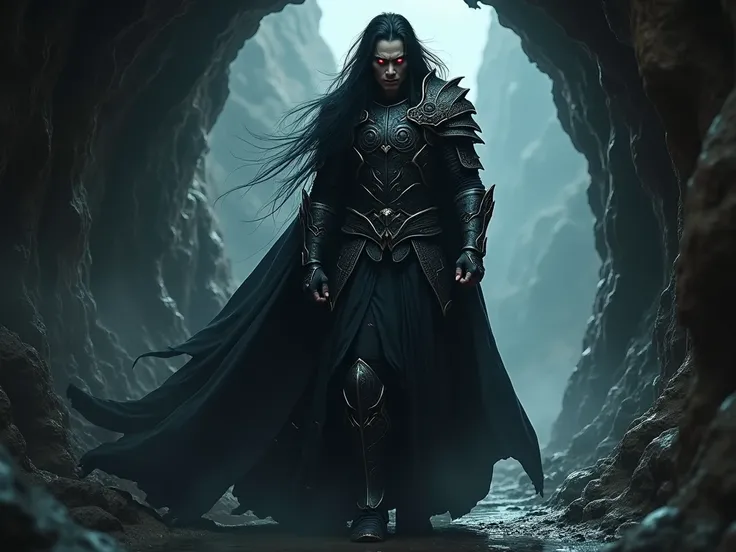 “A dark cave entrance with eerie glowing mist. A shadowy figure with long flowing hair and piercing eyes steps inside, his expression filled with anger and determination.” 1. Appearance
	•	Height: Around 1.9 meters, with a strong but agile build, exuding b...