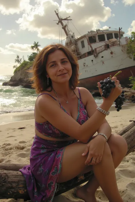 A striking pin-up scene featuring a shipwrecked alluring woman, posed elegantly on a sandy, wave-kissed beach, with the shattered remains of a shipwrecked luxurious yacht, looming in the background. She wears a tattered yet alluring high-society dress in d...