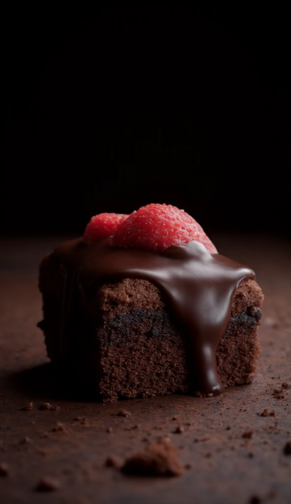  cinematic chocolate scene,  chocolate cake ,  dark background,  high-quality photo, wet texture, glaze, studio photo, piece,  shallow depth of field ,  vignette,  chocolate scene very detailed, big budget, hips, cinemascope, gloomy,  epic,  gorgeous,  fil...