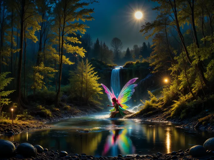  A woman with colorful butterfly wings flies across a pond in the forest.
 She has pink hair that the wind blows behind her . she is wearing a green dress .  Fairy dust glitters behind her , Where she flew .
 It is night and the full moon is shining .
 pho...