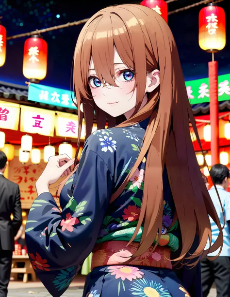 Nakano Future, Alone, long hair, bangs,  blue eyes,  brown hair,  long hair, bangs,  blue eyes,  brown hair,  hair between eyes ,smile,blush, legs ,blue kimono , side lock , long skirt ,日本のfestival,夏festivalの屋台, red lanterns,Fireworks in the night sky, fir...