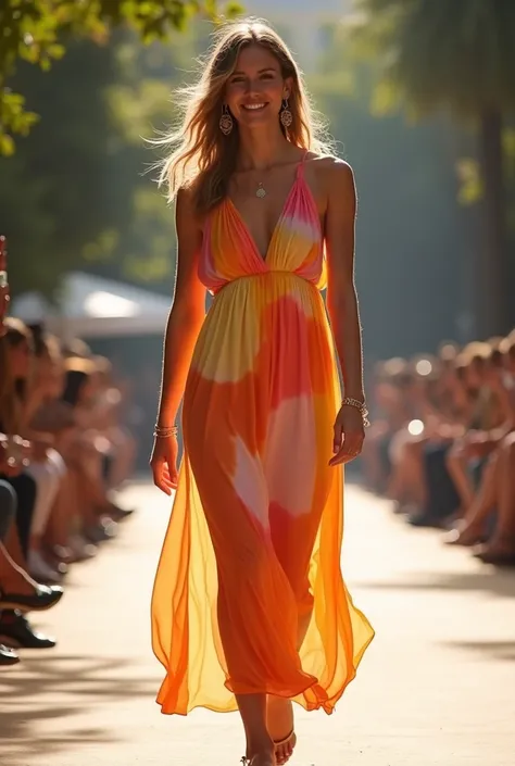 " A model confidently walks on a runway illuminated by the sun ,  wearing a light and colorful dress that refers to summer .  The fluid fabric moves smoothly with the wind , in vibrant shades of orange , yellow and pink.  She wears discreet accessories , l...