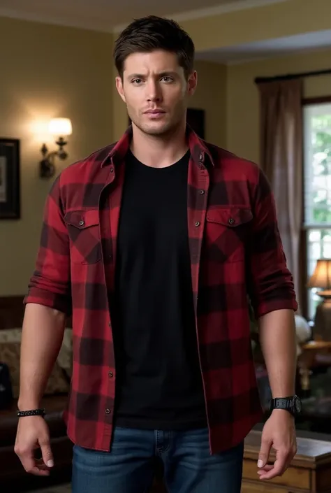 An extremely handsome man with masculine and at the same time fine features , has a sensual look,  striking blue eyes and slightly messy jet black hair , He looks strong and wears an Black TShirt and Red Plaid unbuttoned Shirt with Dark blue Jeans and is s...