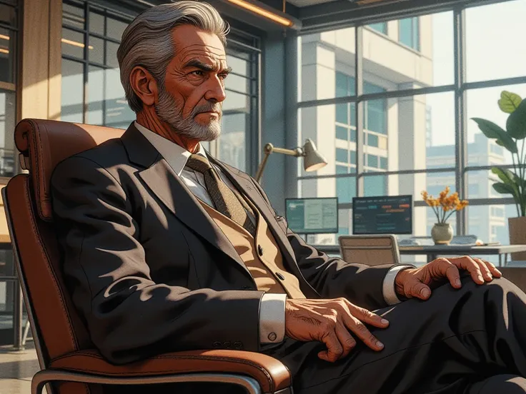 An elegant grandfather of fifty-five years old, brown hair with gray hair,  fine wrinkles,  brown eyes, in a jacket, sits foot to foot in a bright modern office