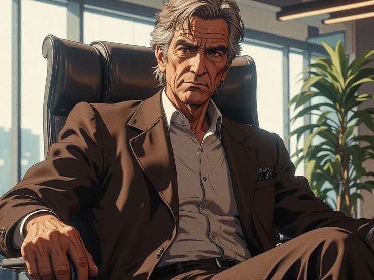 An elegant grandfather of fifty-five years old, brown hair with gray hair,  fine wrinkles,  brown eyes, in a jacket, sits foot to foot in a bright modern office