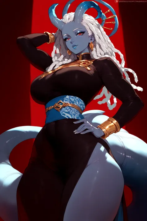 1  Woman, blue skin ,white dreadlock ,horns,red eyes, Black  dress with golden details,blue giant tail,blue sash,anime style,