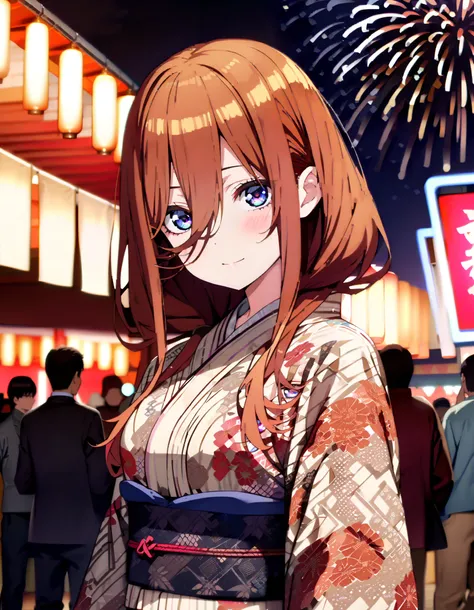 Nakano Future, Alone, long hair, bangs, blue eyes, brown hair, long hair, bangs, blue eyes, brown hair, hair between eyes ,smile,blush, legs ,Blue flower pattern kimono, side lock , long skirt ,日本のfestival,夏festivalの屋台, red lanterns,Fireworks in the ...
