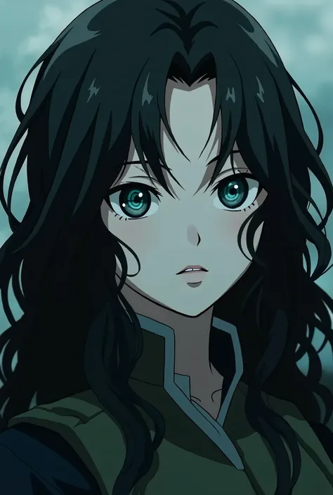 • Hair : long,  wavy and very black ,  with a reflection of light that recalls a pearlescent dark green . 

• Eyes:  Totally black ,  with a blue spiral iris . 

• Skin : very white, like porcelain.  anime style " Naruto Shippuden"

• Mouth and Eyes :  Cor...