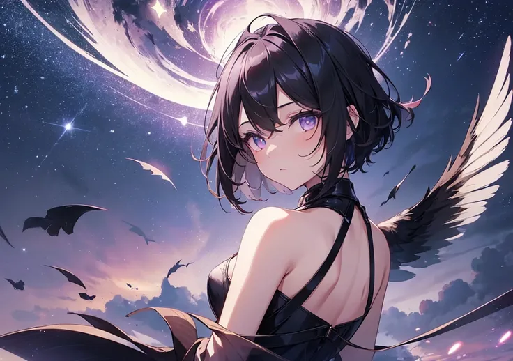 A beautiful girl with jet black wings floats in the night sky. Her short hair sways in the wind, and the stars in the night sky are reflected in her golden eyes. Her silky dark dress flutters and sways, and mysterious purple light gathers at her fingertips...