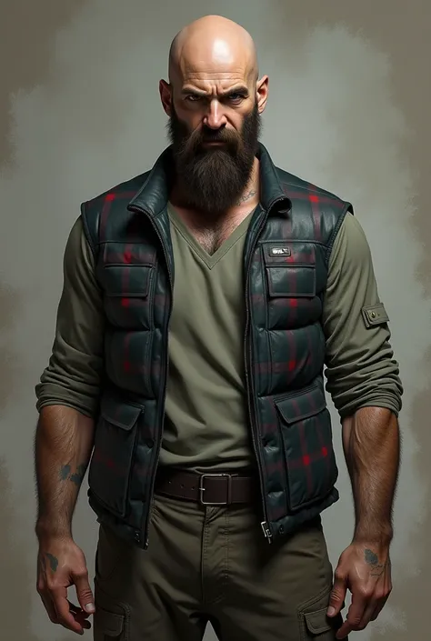 Valorant style portrait of a bald man with a big straight beard, slightly muscular, wearing a plaid vest and combat pants.