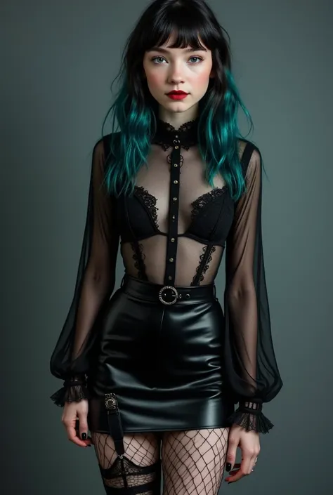 A sexy gothic girl with a round face and straight hair with turquoise highlights, with a tight black blouse with defined hips and a black mini skirt, fishnet stockings with thigh high boots long legs and thighs 