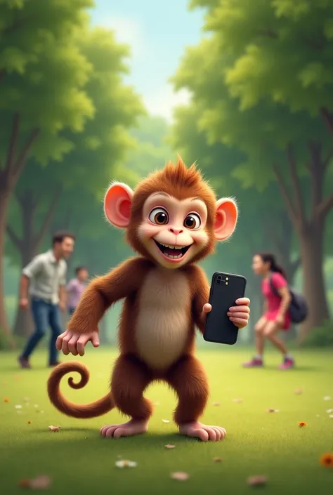 
" A small monkey with a brown coat holding a modern cell phone with a mischievous expression .  The setting is a green park with tall trees in the background and some surprised people in the distance. The monkey is in motion ,  appearing to flee after pic...