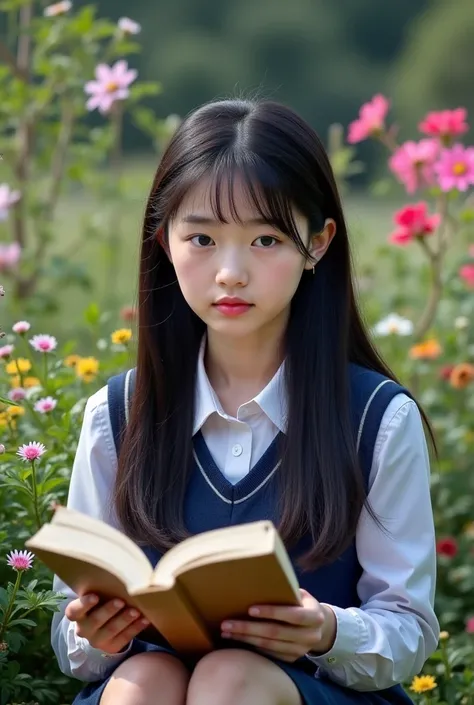  Looks like a Putin skinned Korean student with long hair and bangs,sitting in the school garden while reading a book ,Realistic original photo