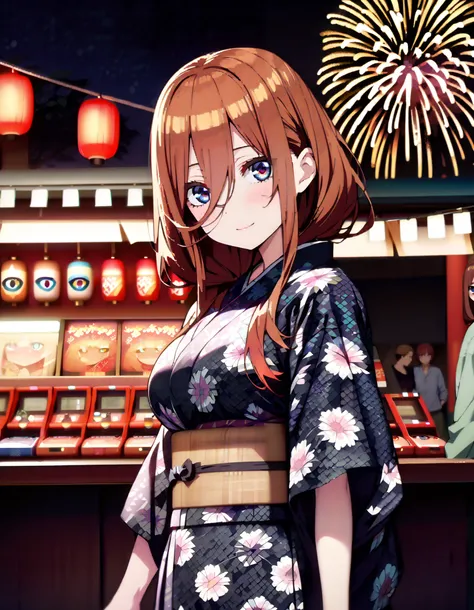 Nakano Future, Alone, long hair, bangs, blue eyes, brown hair, long hair, bangs, blue eyes, brown hair, hair between eyes ,smile,blush,Big Breasts, legs ,Blue flower pattern kimono, side lock , long skirt ,日本のfestival,夏festivalの屋台, red lanterns,Firew...
