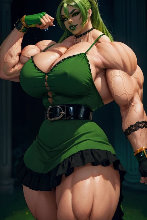 ((Close-up)), tall, (green hair) beautiful muscular woman, long curvy hair, black skin, closed smile, (large breast), (black lipstick), (massive muscles), (hyper muscle), (ginormous bulky muscles), orange eyes, ((((Lolita dress with belt)))), (fingerless g...