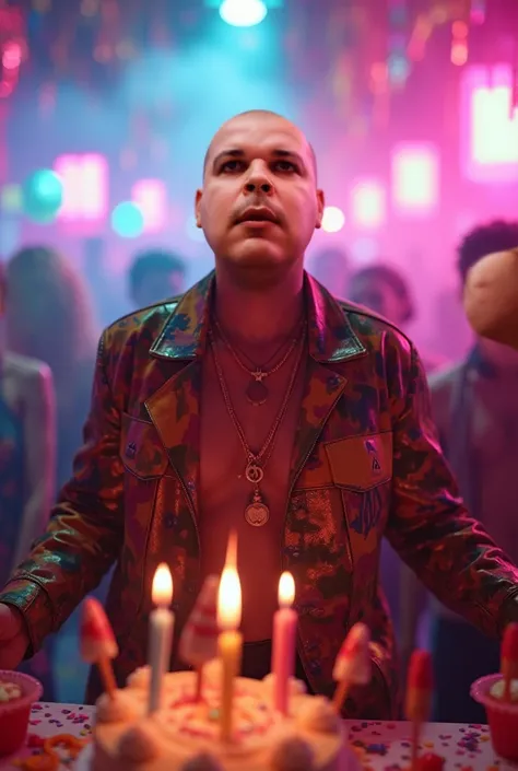  A bald man in colorful 80s clothes happily singing happy birthday ,  a birthday table in the front with cake and burning candle , blurry smoky background with neon colors ,  lights, 4K,  neon lighting  