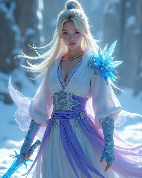 Blonde Asian woman,fiery blue eye, white, violet,pink,blue clothes,warrior, ninja sword made of ice and snow. Armor 