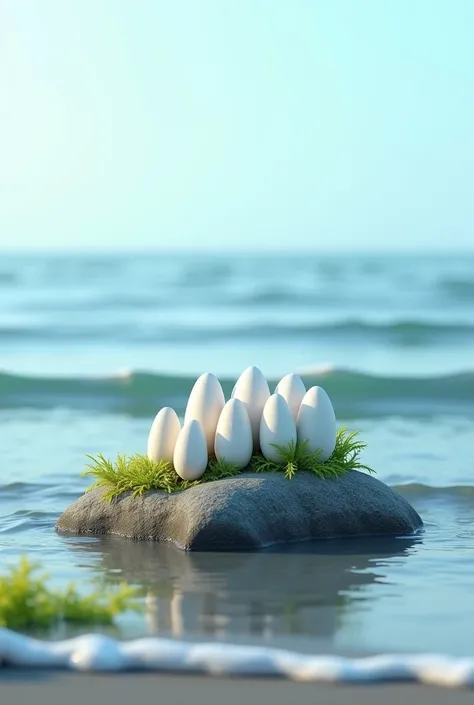 Create a photo  (( Of a small rock , with quelques petites algues dans l'eau en bord de mer )), (( sur ce rocher se trouve six moules en position verticale mais elles ont une coquille toute BLANCHE )) with (( several large horizontal sky blue bands ))