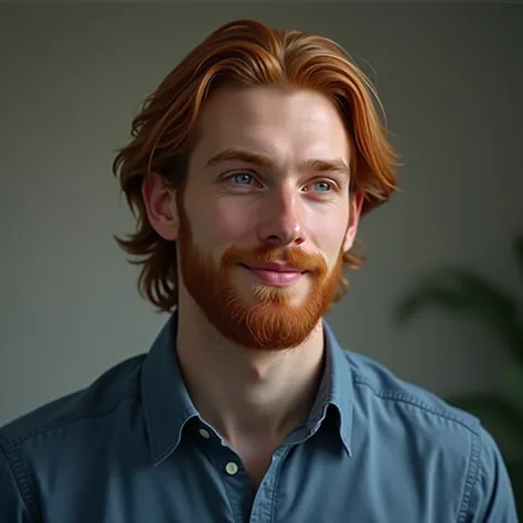 A portrait of a man with medium length red hair and beard wearing a blue button down shirt, peaceful smile